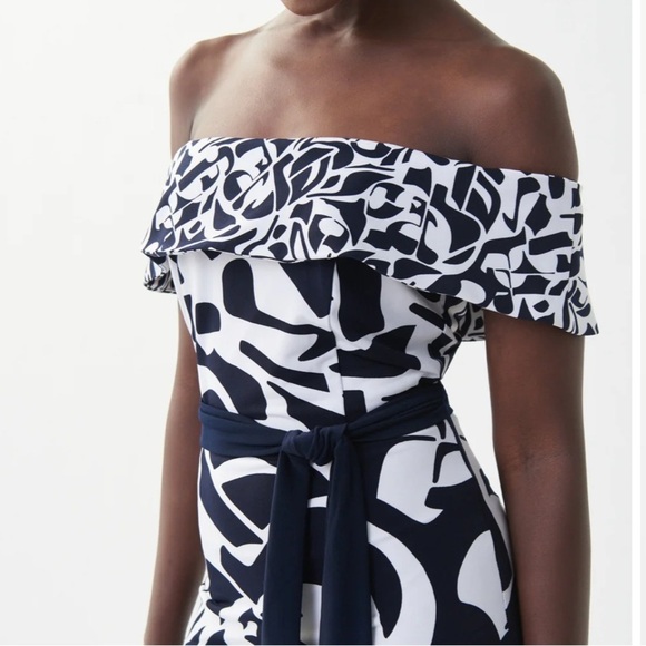 Joseph Ribkoff  dress black-white Off-shoulder silhouette pattern Sz 6 - Picture 3 of 13